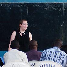 photo of Michelle Ntampaka in a Rwandan classroom